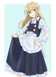  1girl absurdres back_bow blonde_hair bow braid collared_shirt commentary_request grin hair_bow highres kirisame_marisa long_hair long_sleeves looking_at_viewer no_headwear shirt side_braid single_braid skirt_hold smile solo touhou tsuno_no_hito very_long_hair white_bow white_shirt yellow_eyes 