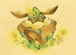  bright_pupils carbink commentary_request flower full_body green_eyes light_particles no_humans painting_(medium) paper_texture pokemon pokemon_(creature) traditional_media watercolor_(medium) white_background white_pupils yellow_flower yukichi_0611 