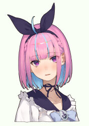  1girl absurdres ahoge anchor_symbol blue_hair braid collarbone colored_inner_hair frills hair_ornament highres hololive minato_aqua minato_aqua_(sailor) multicolored_hair official_alternate_costume open_mouth pink_hair portrait ribbon shiloroshi simple_background solo violet_eyes virtual_youtuber 
