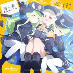  3girls aoba_(blue_archive) artist_request blue_archive boots commentary_request demon_tail earrings gloves green_hair halo hat highres hikari_(blue_archive) jewelry knee_boots long_hair long_sleeves looking_at_viewer multiple_girls nozomi_(blue_archive) official_art one_eye_closed open_mouth pantyhose parted_lips pointy_ears smile sweat tail twintails white_gloves white_pantyhose yellow_eyes 