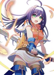  1girl ahoge antenna_hair armor belt breastplate brown_belt commentary_request falling_feathers feathers fingerless_gloves fire_emblem fire_emblem:_path_of_radiance fire_emblem:_radiant_dawn fire_emblem_heroes gloves green_eyes hair_between_eyes hair_intakes hairband headband holding holding_sword holding_weapon long_hair looking_at_viewer lowres mia_(fire_emblem) mia_(zenith_challenger)_(fire_emblem) official_alternate_costume open_mouth orange_shirt purple_hair shira_yu_ki shirt short_sleeves shoulder_armor simple_background skirt smile solo sparkle sword upper_body weapon white_hairband white_shirt white_skirt 