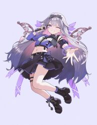  1girl ;d asymmetrical_sleeves black_skirt boots breasts center-flap_bangs collared_shirt colored_inner_hair commentary cropped_shirt detached_sleeves detached_wings double-parted_bangs english_commentary full_body gem gradient_hair grey_hair grin hair_flaps highres holding holding_microphone hololive hololive_english hololive_idol_uniform_(color_rise) idol_clothes jewel_under_eye koseki_bijou long_hair looking_at_viewer metal_wings microphone midriff miniskirt mismatched_sleeves multicolored_hair multicolored_shirt navel official_alternate_costume one_eye_closed pink_hair platform_boots platform_heels puffy_detached_sleeves puffy_short_sleeves puffy_sleeves purple_gem purple_hair shirt short_sleeves simple_background single_detached_sleeve single_sleeve sk_jynx skirt small_breasts smile solo thigh_strap very_long_hair violet_eyes virtual_youtuber wings 