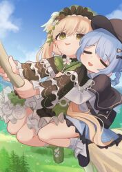  2girls absurdres black_capelet black_hat black_shoes blonde_hair blue_hair bobby_socks braid braided_hair_rings broom broom_riding capelet closed_eyes commentary_request green_eyes green_shoes hair_rings hand_on_another's_cheek hand_on_another's_face hat highres long_hair mahou_shoujo_no_majo_saiban multiple_girls nanachides open_mouth outdoors shoes socks tachibana_sherry tono_hanna twintails white_socks 