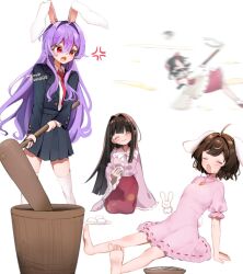  4girls anger_vein animal_ears bare_shoulders barefoot black_hair black_jacket black_skirt blush bow brown_hair closed_mouth detached_sleeves dress eating floating food gohei hair_between_eyes hakurei_reimu highres holding holding_gohei houraisan_kaguya inaba_tewi jacket kine long_hair long_sleeves looking_at_another loveplum0510 mallet medium_hair mochi mochitsuki multiple_girls necktie open_mouth pink_dress pink_shirt purple_hair rabbit rabbit_ears rabbit_girl rabbit_tail red_bow red_eyes red_necktie red_shirt red_skirt reisen_udongein_inaba shirt skirt sleeveless sleeveless_shirt tail thigh-highs touhou twitter_username white_background white_shirt white_thighhighs 