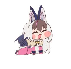  1girl animal_ears bat_ears bat_girl bat_wings brown_hair brown_long-eared_bat_(kemono_friends) commentary_request elbow_gloves extra_ears fingerless_gloves full_body gloves grey_hair highres kemono_friends kemono_friends_v_project korean_commentary leotard long_hair mayo3432 meme microphone multicolored_hair pantyhose shoes simple_background skirt solo speakiposting_(meme) streaked_hair trickcal virtual_youtuber wings 