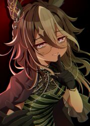  1girl absurdres animal_ears black_background black_gloves black_jacket blue_eyes breasts brown_hair commentary_request dream_journey_(a_dreamy_invitation)_(umamusume) dream_journey_(umamusume) dress ear_covers eyewear_strap glasses gloves hair_between_eyes highres horse_ears horse_girl jacket jacket_on_shoulders kaoru_(h8qm9) long_hair looking_at_viewer multicolored_hair open_clothes open_jacket open_mouth simple_background single_ear_cover smile solo umamusume white_hair 