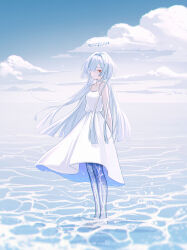  1girl absurdres arm_at_side artist_name blue_sky choker closed_mouth clouds commentary day dress english_commentary expressionless from_side full_body hair_intakes hair_over_one_eye halo highres horizon huhv. long_hair looking_at_viewer looking_to_the_side mornye_(wuthering_waves) ocean one_eye_covered orange_eyes outdoors parted_bangs simple_bird sky sleeveless sleeveless_dress solo spaghetti_strap standing straight_hair wading water white_choker white_dress white_hair wuthering_waves x-ray 