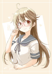  1girl absurdres alternate_hair_length alternate_hairstyle bandaid bandaid_on_face bespectacled blue_neckerchief blue_sailor_collar brown_eyes brown_hair commentary_request cropped_torso fyuo glasses highres kantai_collection long_hair neckerchief oboro_(kancolle) red-framed_eyewear round_eyewear sailor_collar sailor_shirt school_uniform serafuku shirt short_sleeves smile solo upper_body white_shirt 