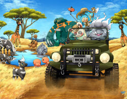  :3 @_@ anger_vein annihilape artist_name blitzle blue_eyes blue_sky brown_hat brown_neckerchief brown_shirt cellphone closed_eyes clothed_pokemon clouds colored_sclera commentary copperajah day ditto doduo drinking driving drooling dust english_commentary eyewear_on_head farigiraf grass hat helmet holding motor_vehicle mountainous_horizon mouth_drool multiple_heads neckerchief nostrils one_eye_closed open_mouth outdoors path phone pith_helmet pokemon pokemon_(creature) pokemon_focus pond red_eyes reflection reflective_liquid rhyhorn ribombee rotom rotom_phone safari savannah selfie_stick shirt short_sleeves signature simipour sky smartphone smile spinda spiral-only_eyes sunglasses thecalendork transformed_ditto trapinch tree v water watermark yellow_sclera zebstrika 