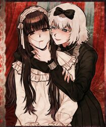  2girls black_dress blue_eyes bow brown_hair chaadya0109 colored_eyelashes dress frilled_hairband frills hair_bow hairband hanamura_hinako hand_on_another's_face hashtag-only_commentary highres hug kitanai_kimi_ga_ichiban_kawaii long_hair long_sleeves looking_at_another multiple_girls sezaki_airi short_hair smile white_dress white_hair white_hairband yuri 