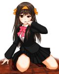  alternate_costume alternate_hairstyle brown_eyes brown_hair hair_ribbon highres long_hair ribbon school_uniform squatting suzumiya_haruhi suzumiya_haruhi_no_shoushitsu suzumiya_haruhi_no_yuuutsu tongue varitora 