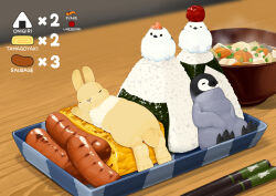  animal bird bowl chopsticks food food_name lilac_(p-f_easy) no_humans omelet onigiri original penguin rabbit rice sausage sparrow steaming_food tamagoyaki 