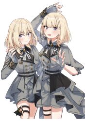  2girls absurdres alternate_eye_color arm_up bang_dream! bang_dream!_it's_mygo!!!!! blonde_hair blush closed_mouth commentary_request fingerless_gloves flower_stand_art gloves grey_gloves grey_jacket grey_shorts hair_between_eyes hanetsuka highres jacket looking_at_viewer medium_hair misumi_uika mole mole_above_mouth multiple_girls open_mouth sasaki_rico_(voice_actor) shorts simple_background thigh_strap violet_eyes voice_actor voice_actor_connection white_background 