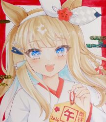  1girl :d almond_eye_(umamusume) animal_ears blue_eyes blue_hair blush braid brown_hair commentary_request egasumi ema hair_ribbon hairband hand_up holding horse_ears japanese_clothes kimono long_sleeves looking_at_viewer multicolored_hair ribbon shikishi smile solo terimuku traditional_media two-tone_hair umamusume upper_body white_hairband white_kimono white_ribbon wide_sleeves 