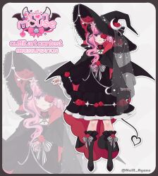  1girl absurdres black_dress black_nails character_name commentary demon_girl demon_horns demon_tail demon_wings dress english_commentary flower flower_in_eye frilled_dress frills highres horns ironmouse ironmouse_(witch) long_hair looking_at_viewer nail_polish neill_ayane official_alternate_costume official_art pink_hair purple_streaks red_flower smile solo symbol_in_eye tail vshojo white_background wings zoom_layer 
