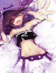  :d closed_eyes eyes_closed fang foreshortening goose_h hands happy hat merry_nightmare midriff navel open_mouth outstretched_arm outstretched_hand purple_hair ribbon short_hair sketch smile solo yumekui_merry 