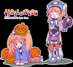  2002 2girls ^_^ anger_vein artist_name bad_id black_gloves boots brown_pantyhose closed_eyes commentary_request dewprism gloves halloween jack-o'-lantern jaggy_lines long_hair lowres maya_(dewprism) mint_(dewprism) multiple_girls pantyhose pink_hair pumpkin pumpkin_on_head red_eyes saikachi_(ogre_tree) short_hair siblings sisters transparent_background twintails white_boots 