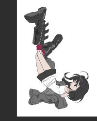  1girl ahoge black_hair black_shorts boots gaengxgaeng highres jacket long_hair lying original shirt shorts sleeves_past_wrists solo striped_background tank_top white_shirt 