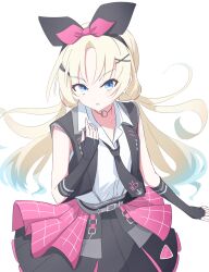  1girl black_bow black_hairband black_jacket black_necktie black_skirt blonde_hair blue_eyes blue_hair bow bow_hairband collared_shirt commentary dress_shirt gradient_hair hair_bow hairband highres i_do_me!_(love_live!) jacket junnatsu link!_like!_love_live! looking_at_viewer love_live! low_twintails miniskirt multicolored_hair necktie open_clothes open_jacket osawa_rurino pink_bow pleated_skirt shirt skirt sleeveless sleeveless_jacket sleeveless_shirt solo twintails virtual_youtuber white_shirt 