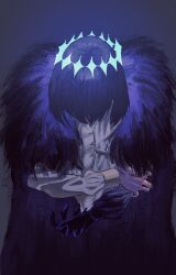  1boy asymmetrical_sleeves awapontasu bent_over black_cape black_hair cape coat commentary_request cowboy_shot crown fate/grand_order fate_(series) fur-trimmed_coat fur_trim highres looking_down male_focus oberon_(fate) oberon_(third_ascension)_(fate) solo 