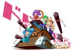  blonde_hair blue_eyes blue_hair caterpillar_tracks chibi controller dress dust_cloud green_hair hair_ornament hat highres kakato kawashiro_nitori kochiya_sanae military military_vehicle moriya_suwako onbashira outstretched_arm red_eyes remote_control shide shimenawa shrine skirt smile tank tongue touhou twintails vehicle yasaka_kanako yellow_eyes 