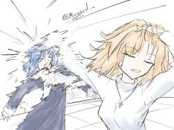  2girls adjusting_hair arcueid_brunestud arm_up blonde_hair blue_eyes ciel_(tsukihime) closed_eyes hair_between_eyes hashtag-only_commentary highres jewelry kevin3rd meme multiple_girls naoya_hitting_choso_without_looking_(meme) necklace nun rapid_punches short_hair sweater tsukihime tsukihime_(remake) tunic turtleneck turtleneck_sweater white_sweater wing_collar 