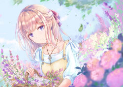  1girl basket blonde_hair blue_eyes blue_shirt closed_mouth commentary_request flower flower_basket highres holding holding_basket jewelry key key_necklace kototomari leaf long_hair looking_at_viewer nature necklace original overalls parted_bangs pink_flower purple_flower shirt short_sleeves smile solo swept_bangs upper_body yellow_overalls 