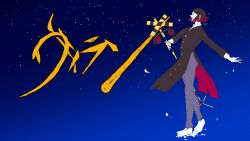  1boy asymmetrical_bangs black_hair black_jacket blue_background bonnouji_(kanikamapurin) buttons closed_eyes coattails colored_skin colored_tips commentary_request demon_boy enmu_(kimetsu_no_yaiba) facial_mark fangs flat_color from_side full_body gradient_background grey_pants highres holding invisible_floor jacket kimetsu_no_yaiba long_sleeves male_focus medium_hair multicolored_hair open_mouth outstretched_arm pants pinstripe_pants pinstripe_pattern profile shoes smile solo song_name star_(sky) starry_sky_background suit_jacket tailcoat tears_facial_mark trap undershirt villain_(vocaloid) walking white_shoes white_skin 