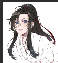  1boy ahoge androgynous bishounen black_border black_hair blue_eyes blush border chinese_clothes closed_mouth collarbone commentary_request eyelashes hair_behind_ear hair_ribbon hanfu high_ponytail highres kabe_bo leaning_forward long_hair looking_at_viewer male_focus modao_zushi parted_bangs partially_colored ponytail red_ribbon ribbon sash sidelocks simple_background sketch sleeves_rolled_up smile solo upper_body wei_wuxian white_background 