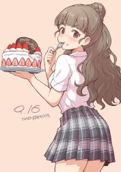  1girl arched_bangs birthday birthday_cake braid brown_hair bun_with_braided_base cake character_name commentary_request cowboy_shot eating food food_on_face fork from_behind fruit grey_skirt hair_bun hands_up happy_birthday highres holding holding_fork holding_plate idolmaster idolmaster_cinderella_girls kamiya_nao long_hair looking_at_viewer looking_back miniskirt plaid_clothes plaid_skirt plate pleated_skirt red_background red_eyes satomura_kyou school_uniform shirt shirt_tucked_in short_sleeves simple_background skirt solo strawberry strawberry_cake turning_head utensil_in_mouth white_shirt 