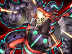  blue_eyes borreload_dragon cannon commentary dragon_horns duel_monster english_commentary highres horns mechanical_wings moltengates mouth_cannon no_humans non-humanoid_robot open_mouth robot robot_dragon solo wings yu-gi-oh! 