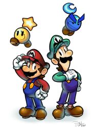  2boys adjusting_clothes adjusting_headwear axelorca blue_overalls boots brothers brown_boots brown_hair commentary crescent english_commentary facial_hair gloves green_hat green_shirt hat highres luigi lunaris_(mario_&amp;_luigi:_stellar_bonds) mario mario_&amp;_luigi:_stellar_bonds mario_&amp;_luigi_rpg masanori_sato_(style) multiple_boys mustache overalls red_hat red_shirt red_socks shirt short_hair siblings signature simple_background socks star_(symbol) starlow striped_clothes striped_socks super_mario_bros. two-tone_socks white_background white_gloves white_socks 