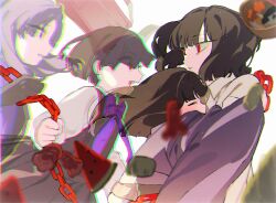  2girls age_regression aged_down araya_(project_moon) black_hair bow chain commentary english_commentary highres holding holding_chain hug limbus_company multiple_girls project_moon purple_bow red_eyes ryoshu_(project_moon) short_hair spoilers tearing_up wide_sleeves yongsadragon 