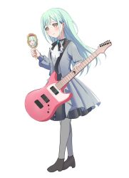  1girl 7-string_guitar bang_dream! bang_dream!_it's_mygo!!!!! black_shoes closed_mouth commentary_request different_reflection earrings electric_guitar extended_range_guitar flower_stand_art green_hair grey_jacket grey_pantyhose grey_skirt guitar guitar_strap highres holding holding_guitar holding_instrument holding_mirror instrument jacket jewelry long_hair mirror mortis_(bang_dream!) mortis_(costume)_(bang_dream!) mortis_(persona)_(bang_dream!) pantyhose reflection sandman_(gm4zfijcwbz3g4y) shoes simple_background skirt wakaba_mutsumi white_background yellow_eyes 