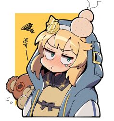  1boy androgyne_symbol black_gloves blonde_hair blue_jacket blush bridget_(guilty_gear) closed_mouth cropped_torso double-parted_bangs fingerless_gloves gloves green_eyes guilty_gear guilty_gear_strive head_bump hood hood_up hooded_jacket itsuka_neru jacket long_sleeves looking_at_viewer male_focus open_clothes open_jacket pout roger_(guilty_gear) sanpaku shirt short_hair single_tear solo_focus squiggle stuffed_animal stuffed_toy teddy_bear trap yellow_shirt 