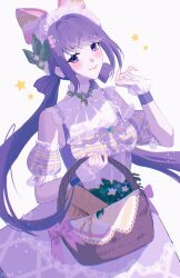  1girl absurdres apron argyle_clothes argyle_dress bare_shoulders basket bow bread closed_mouth collar commentary country_lolita cowboy_shot crossed_bangs detached_collar detached_sleeves double_bun dress english_commentary eyelashes flower food frilled_headwear frilled_sleeves frilled_wrist_cuffs frills hair_bow hair_bun hair_intakes hair_ornament hairclip happy hat hat_bow hat_flower hat_ornament high_collar highres holding holding_basket infinity_nikki lace-trimmed_apron lace-trimmed_collar lace-trimmed_sleeves lace_trim large_bow leaf_hat_ornament light_blush lipstick lolita_fashion long_hair looking_at_viewer low_twintails makeup mob_cap nikki_(series) pale_skin pink_bow pink_lips plaid_clothes plaid_dress plaid_sleeves puffy_short_sleeves puffy_sleeves purple_apron purple_dress purple_hair purple_hat purple_sleeves purple_wrist_cuffs rinsmeray short_sleeves sidelocks signature simple_background single_stripe sleeveless sleeveless_dress smile solo standing star_(symbol) striped_bow twintails very_long_hair violet_eyes waist_apron whispers_of_bliss_(infinity_nikki) white_background white_collar white_flower wrist_cuffs 