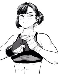 1girl abs asymmetrical_bangs asymmetrical_hair boxing_gloves breasts commentary_request frown gloves greyscale hand_wraps highres lee_(dragon_garou) medium_breasts monochrome one_side_up original serious sideways_glance single_glove solo sports_bra upper_body 
