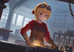  1girl absurdres anvil apron axe battle_axe bird blacksmith blacksmith_tongs blonde_hair bright_pupils brown_apron brown_gloves chain closed_mouth commentary crossed_bangs dart3_9 dutch_angle gloves glowing_hot goggles goggles_on_head hair_between_eyes hammer highres holding holding_hammer holding_tongs hololive hololive_indonesia indoors kaela_kovalskia light_blush looking_down pemaloe_(kaela_kovalskia) penguin red-tinted_eyewear red_eyes red_shirt shirt short_hair sleeves_pushed_up smithing solo sparks sword tinted_eyewear tongs upper_body v-shaped_eyebrows virtual_youtuber weapon white_pupils 