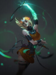  1girl absurdres armlet bare_shoulders black_sclera blonde_hair bracelet breasts colored_sclera cowboy_shot dress green_eyes green_leotard grey_background hades_(series) hades_2 halter_dress halterneck heterochromia highres holding holding_sickle jewelry jiunn_kuo laurel_crown leotard medium_breasts melinoe_(hades) orange_dress parted_bangs red_eyes short_hair sickle solo sword thigh-highs thigh_strap weapon zettai_ryouiki 