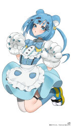  1girl animal_ears animal_hands apron asymmetrical_legwear bear_ears bear_girl black_bow blue_bow blue_bowtie blue_eyes blue_hair blue_shoes bow bowtie center_frills commentary_request commission fish_hair_ornament frills hair_bow hair_ornament hairpin highres indie_virtual_youtuber k_(art71) shoes skeb_commission solo thigh_strap twitter_username virtual_youtuber white_apron white_background yellow_bow yushiro_pirika 