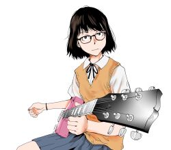  1girl :s black_hair black_ribbon blue_skirt bracelet brown_eyes closed_mouth commentary_request electric_guitar glasses guitar highres holding holding_guitar holding_instrument holding_plectrum instrument jewelry messy_hair mixed-language_commentary mole mole_under_mouth neck_ribbon orange_vest original pleated_skirt plectrum puffy_short_sleeves puffy_sleeves ribbon school_uniform shirt short_hair short_sleeves simple_background sitting skirt solo tamaoki_benkyou upper_body vest white_background white_shirt 