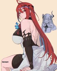  2girls ahoge backless_dress backless_outfit black_skirt black_sleeves blue_fire blue_hair breasts closed_mouth colored_inner_hair detached_sleeves dress elizabeth_rose_bloodflame elizabeth_rose_bloodflame_(1st_costume) fire fire_on_chest from_behind halter_dress halterneck highres hololive hololive_english huge_ahoge large_breasts long_hair looking_at_viewer looking_back median_furrow miniskirt multicolored_hair multiple_girls nail_polish nerissa_ravencroft nerissa_ravencroft_(1st_costume) pomuya red_eyes red_hair red_nails shoulder_blades simple_background single_detached_sleeve single_hair_intake sitting skirt skirt_under_dress sleeveless sleeveless_dress solo_focus straight_hair very_long_hair virtual_youtuber white_dress 