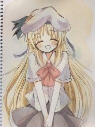  1girl :d ^_^ beret black_ribbon blonde_hair blush bow bowtie closed_eyes collared_shirt commentary_request dress_shirt facing_viewer grey_skirt hair_between_eyes happy hat hat_ribbon highres little_busters! long_hair miniskirt noumi_kudryavka open_mouth painting_(medium) pink_bow pink_bowtie pleated_skirt ribbon shirt short_sleeves sidelocks skirt smile solo straight_hair traditional_media v_arms very_long_hair watercolor_(medium) white_hat white_shirt zeppachi 