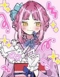  1girl alternate_costume arched_bangs blue_bow blue_flower blush bow flower gloves holding holding_flower ino_climate japanese_clothes kimono lace_trim lacey_(pokemon) long_sleeves looking_at_viewer pink_background pink_hair pink_kimono pokemon pokemon_sv red_sash sash simple_background solo updo upper_body white_gloves yellow_eyes 