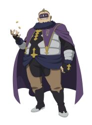  1boy absurdres black_boots black_clover black_clover_m:_rise_of_the_wizard_king black_gloves black_pants boots brown_chaps brown_hair cape chaps coin fingerless_gloves gloves gold_coin grin gueldre_poizot highres looking_at_viewer non-web_source official_art pants purple_cape purple_orca_(emblem) short_hair simple_background smile solo transparent_background 
