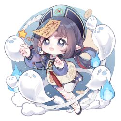  1girl absurdres aqua_choker aqua_hat bandaged_leg bandages bead_necklace beads black_hair black_hat blue_background blue_boots blue_shirt boots border chibi chinese_clothes chinese_commentary choker coin commentary_request dot_nose eyelashes fang full_body ghost gold_coin grey_eyes hair_ribbon hair_rings happy hat highres hitodama holed_coin infinity_nikki jewelry jiangshi lace-up_boots leaning_forward leg_up light_blush light_particles long_hair long_sleeves mismatched_boots moon necklace nighttime_whisper_(infinity_nikki) nikki_(series) nuli_de_chengzhi_er ofuda ofuda_on_head open_mouth outside_border outstretched_arms pointy_ears prayer_beads puffy_long_sleeves puffy_sleeves qingdai_guanmao red_ribbon ribbon romper round_border see-through_clothes see-through_sleeves shirt smile smoke solo tareme tress_ribbon two-tone_headwear white_boots white_border white_romper zombie_pose 