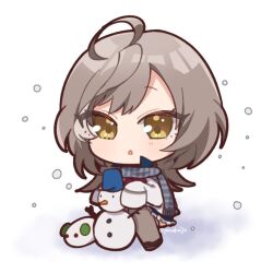  1girl assault_lily black_shoes blue_skirt blush bow bowtie building_snowman chibi commentary_request frilled_skirt frills full_body gradient_background grey_hair grey_scarf grey_thighhighs hands_up herensuge_girls_academy_school_uniform jacket long_hair long_sleeves looking_at_viewer miniskirt oversized_clothes parted_lips ponokaijo red_bow red_bowtie sasaki_ran scarf school_uniform shoes sitting skirt sleeves_past_fingers sleeves_past_wrists snow snow_rabbit snowman solo street_fighter striped_clothes striped_scarf thigh-highs twitter_username white_background white_jacket yellow_4 yellow_eyes 