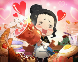  1girl absurdres bag baguette black_bulls_(emblem) black_capelet black_clover black_clover_m:_rise_of_the_wizard_king black_pants blue_bag blush_stickers boned_meat bread burger capelet charmy_pappitson chibi cupcake drinking_straw drooling food fried_egg fruit heart highres holding holding_food macaron meat mouth_drool non-web_source official_art open_mouth pants shirt shoulder_bag solo sparkle strawberry white_shirt 