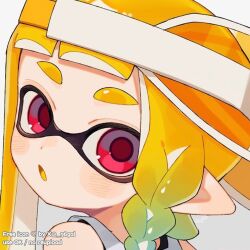  1girl backwards_hat commentary gradient_eyes green_hair hat highres inkling inkling_girl inkling_player_character long_hair looking_at_viewer looking_back multicolored_eyes multicolored_hair open_mouth orange_hair pointy_ears red_eyes red_pupils sabata_saba solo splatoon_(series) tentacle_hair thick_eyebrows two-tone_hair visor_cap watermark white_background 