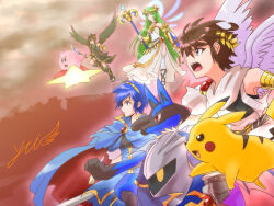  1girl ahoge angel angel_wings arm_shield black_hair blue_cape blue_eyes blue_hair blue_halo brown_hair cape commentary_request dark_pit falchion_(fire_emblem) fire_emblem fire_emblem:_mystery_of_the_emblem galaxia_(sword) green_hair green_scarf halo halo_behind_head holding holding_staff holding_sword holding_weapon kid_icarus kid_icarus_uprising kirby kirby_(series) laurel_crown lucario marth_(fire_emblem) meta_knight open_mouth palutena pikachu pit_(kid_icarus) pokemon pokemon_(creature) red_eyes scarf signature silver_bow_(kid_icarus) staff super_smash_bros. sword warp_star weapon white_scarf wings yellow_eyes yui_fightpaint 